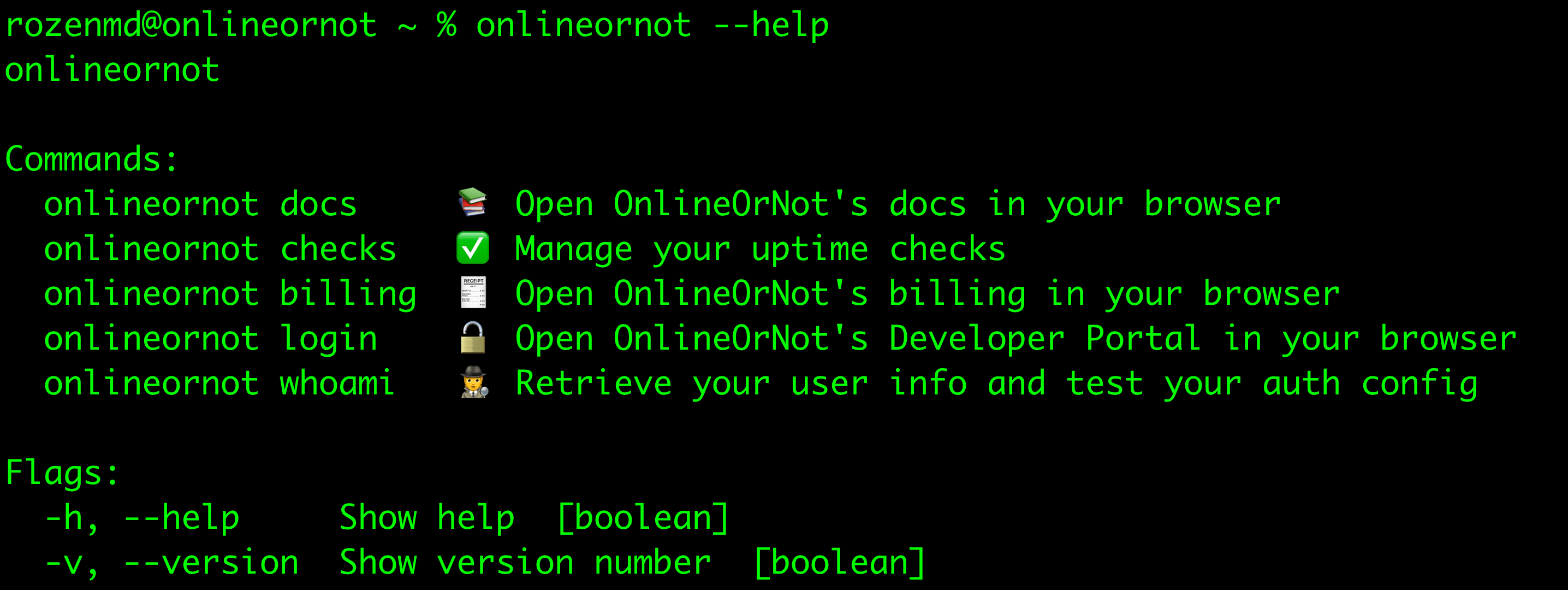 onlineornot's --help output